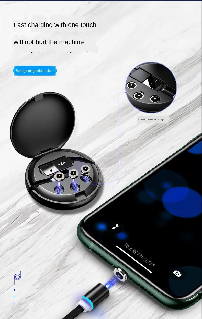 Magnetic Sucker 3-in-1 data cable in black with three connectors on a desk