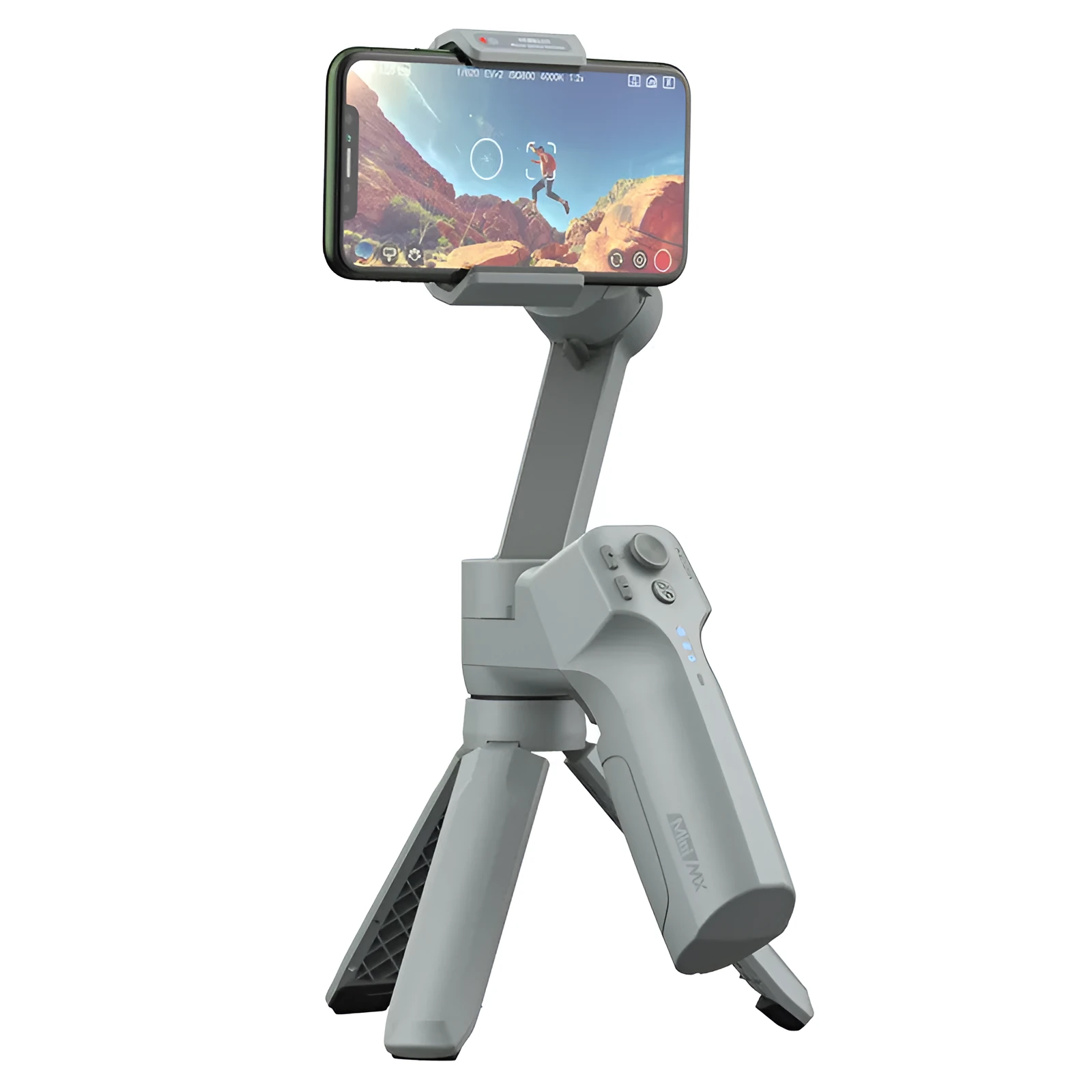 Magic Claw Mini MX grey folding mobile phone stabiliser with expanded dimensions and 60-88mm phone mount