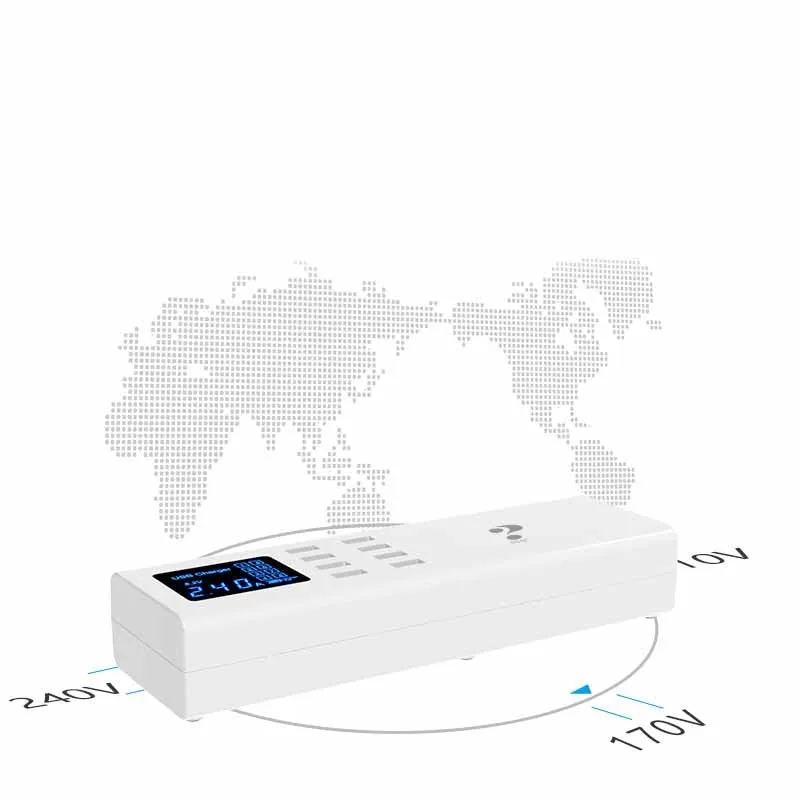 Smart multi-port USB mobile phone charger in ceramic white with 1.5-metre cable, compact 220X67X39mm size, for EU UK US outlets