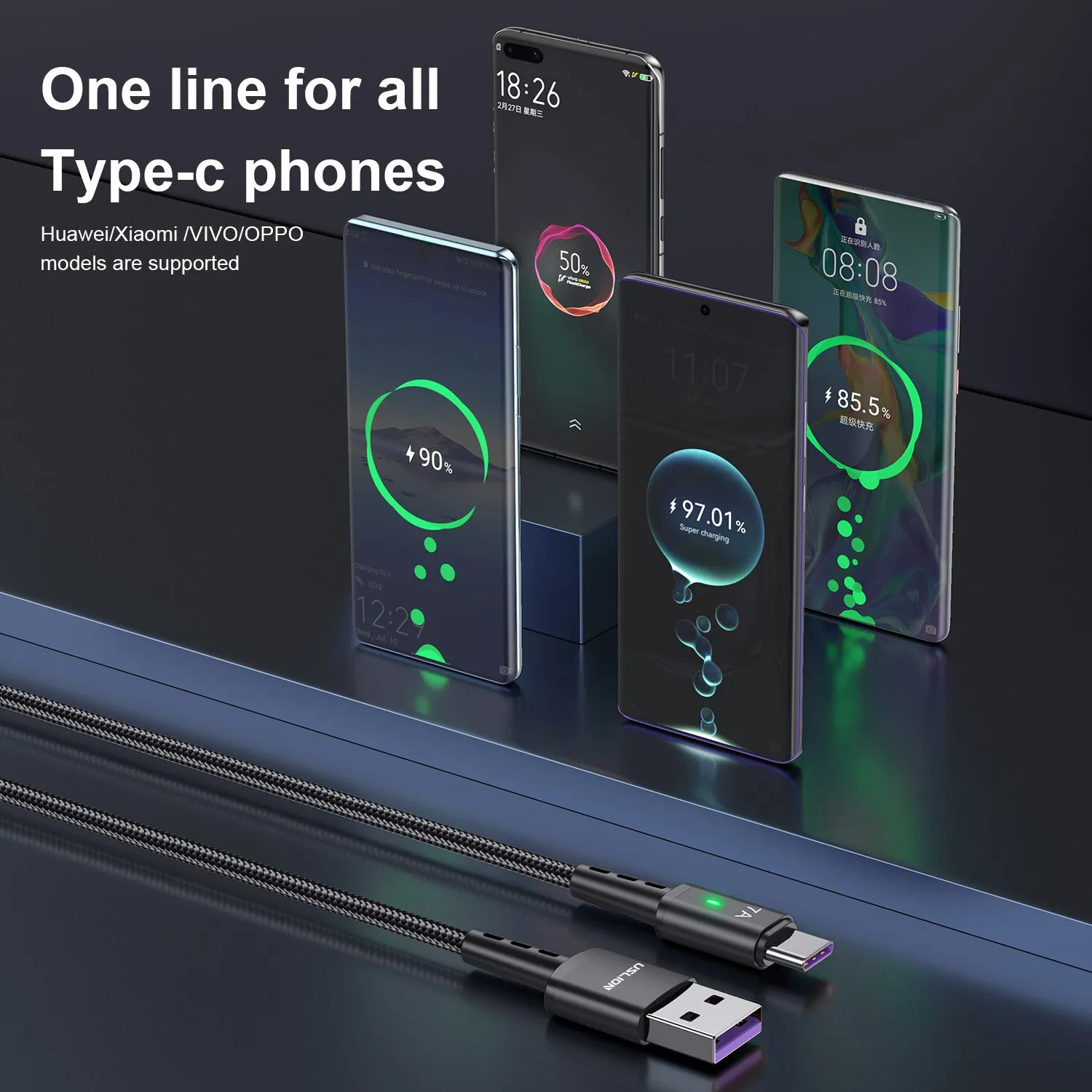 7A braided Type-C charging cable in black with aluminium alloy connector and indicator light