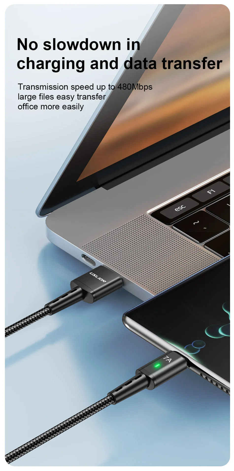7A braided Type-C charging cable in black with aluminium alloy connector and indicator light