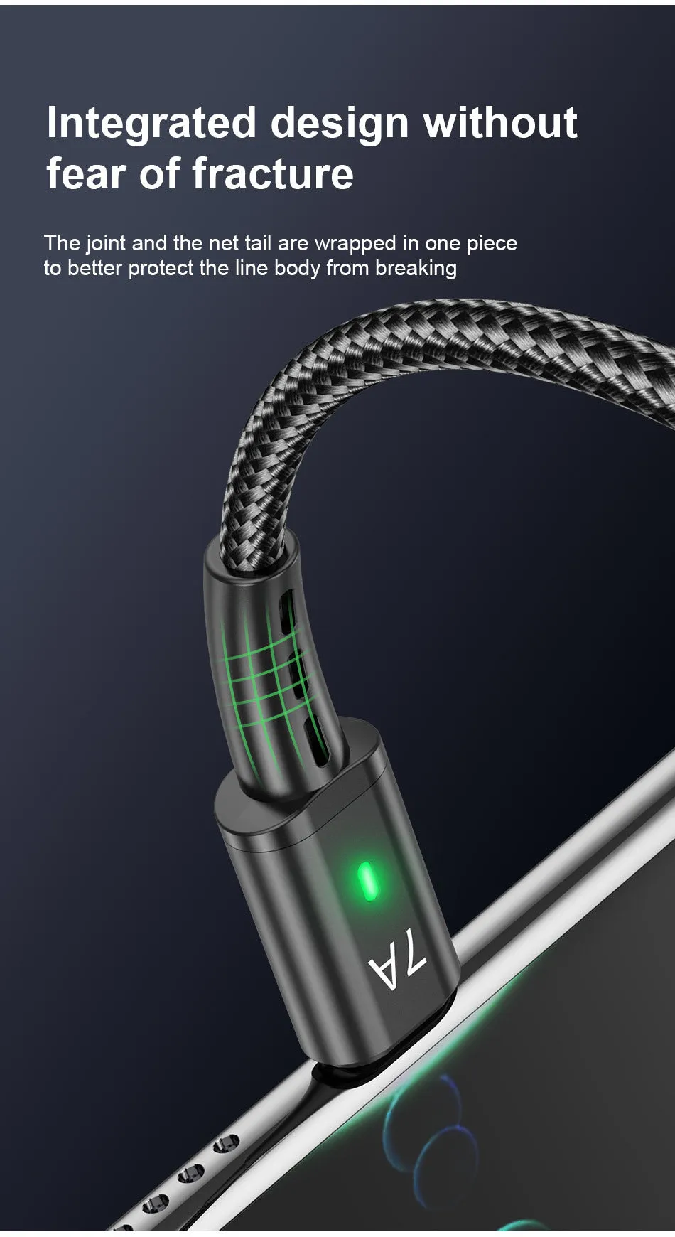 7A braided Type-C charging cable in black with aluminium alloy connector and indicator light