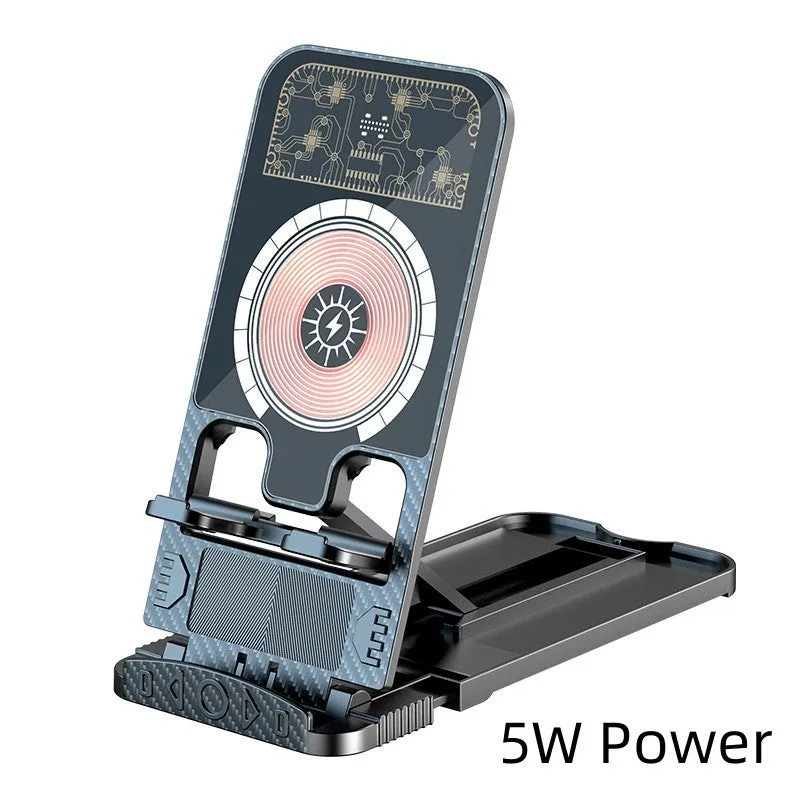 2-in-1 wireless phone charger with foldable bracket, black ABS plastic, 143mm wide