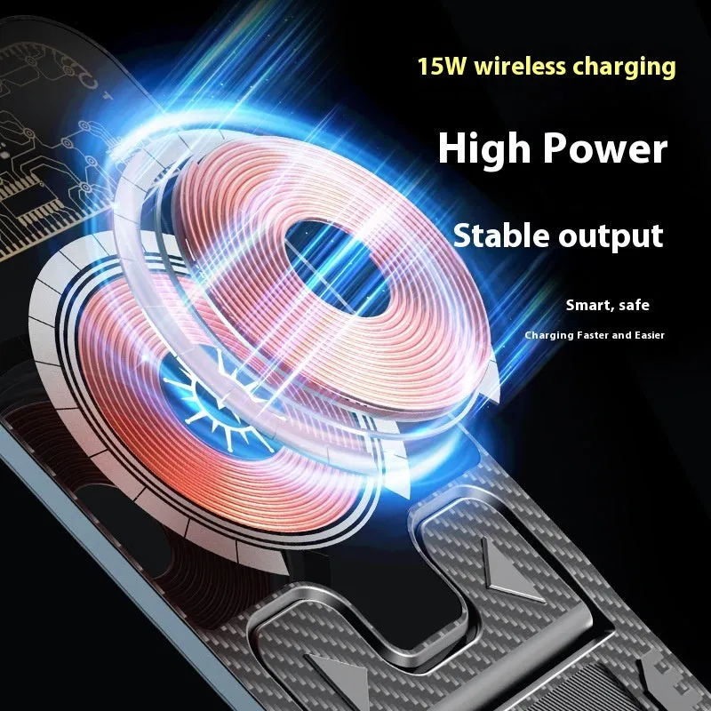 2-in-1 wireless phone charger with foldable bracket, black ABS plastic, 143mm wide