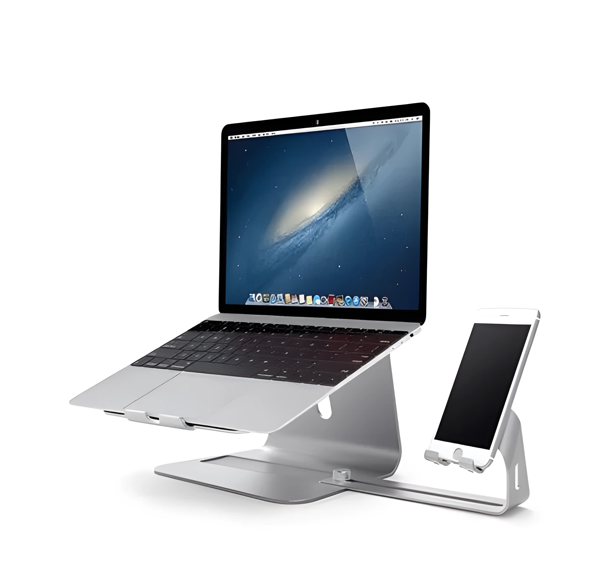 Silver desktop lazy bracket 26x24.3x19cm on a desk holding a tablet