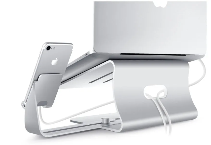 Silver desktop lazy bracket 26x24.3x19cm on a desk holding a tablet