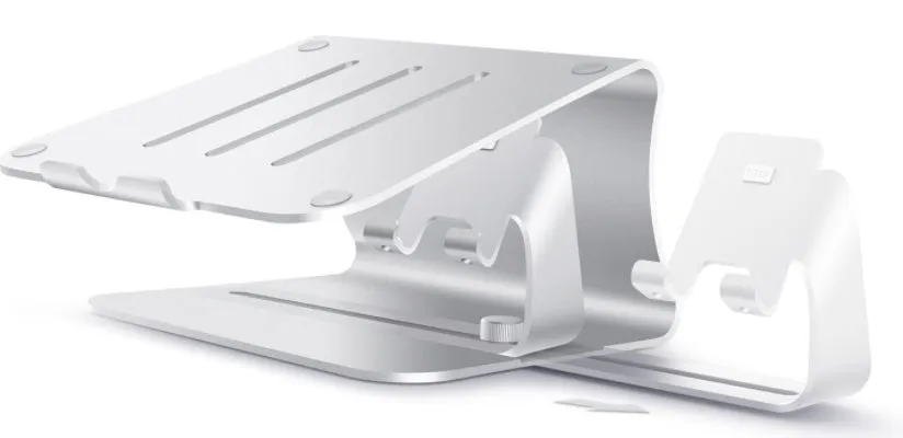 Silver desktop lazy bracket 26x24.3x19cm on a desk holding a tablet