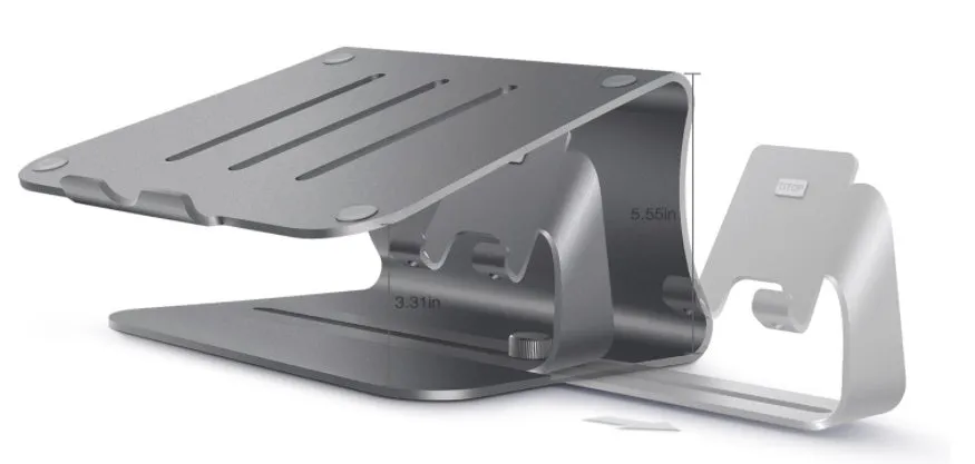 Silver desktop lazy bracket 26x24.3x19cm on a desk holding a tablet