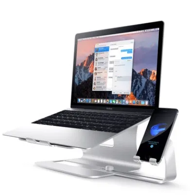 Silver desktop lazy bracket 26x24.3x19cm on a desk holding a tablet