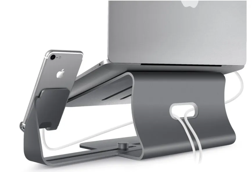 Silver desktop lazy bracket 26x24.3x19cm on a desk holding a tablet