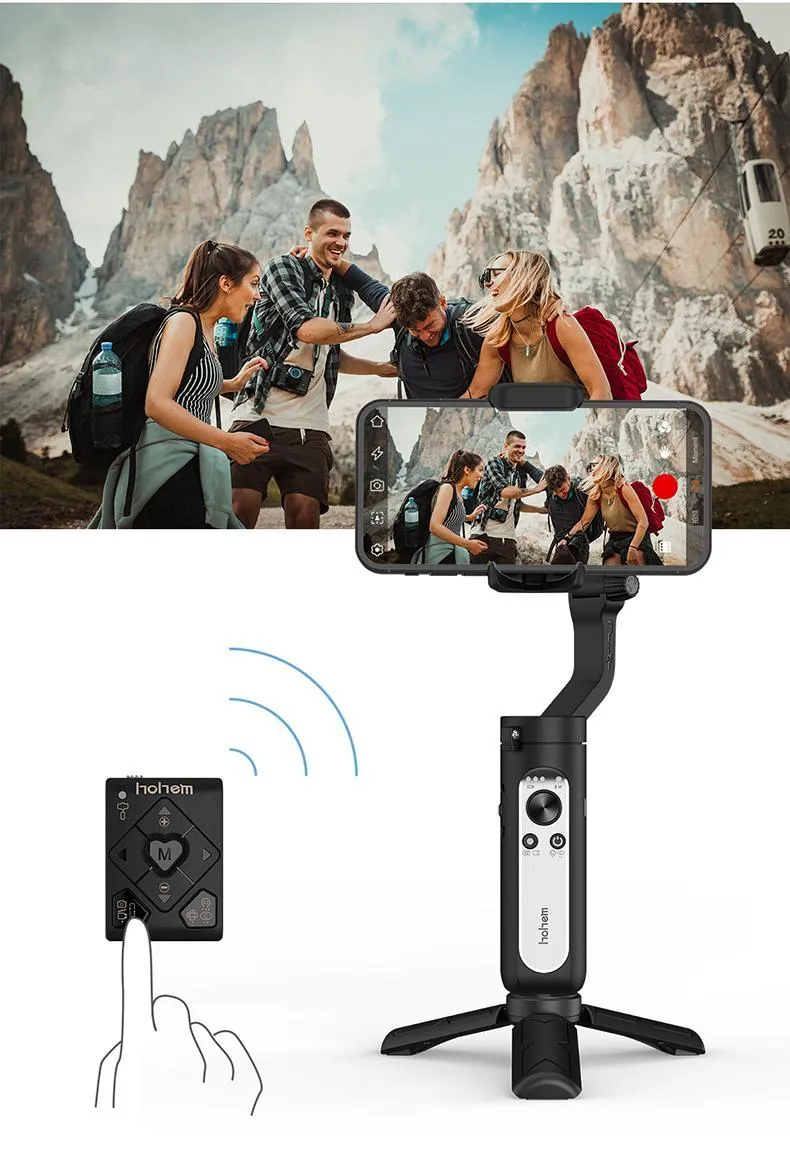 Smart anti-shake selfie stick stabilizer in black plastic, folded, with phone clamp visible