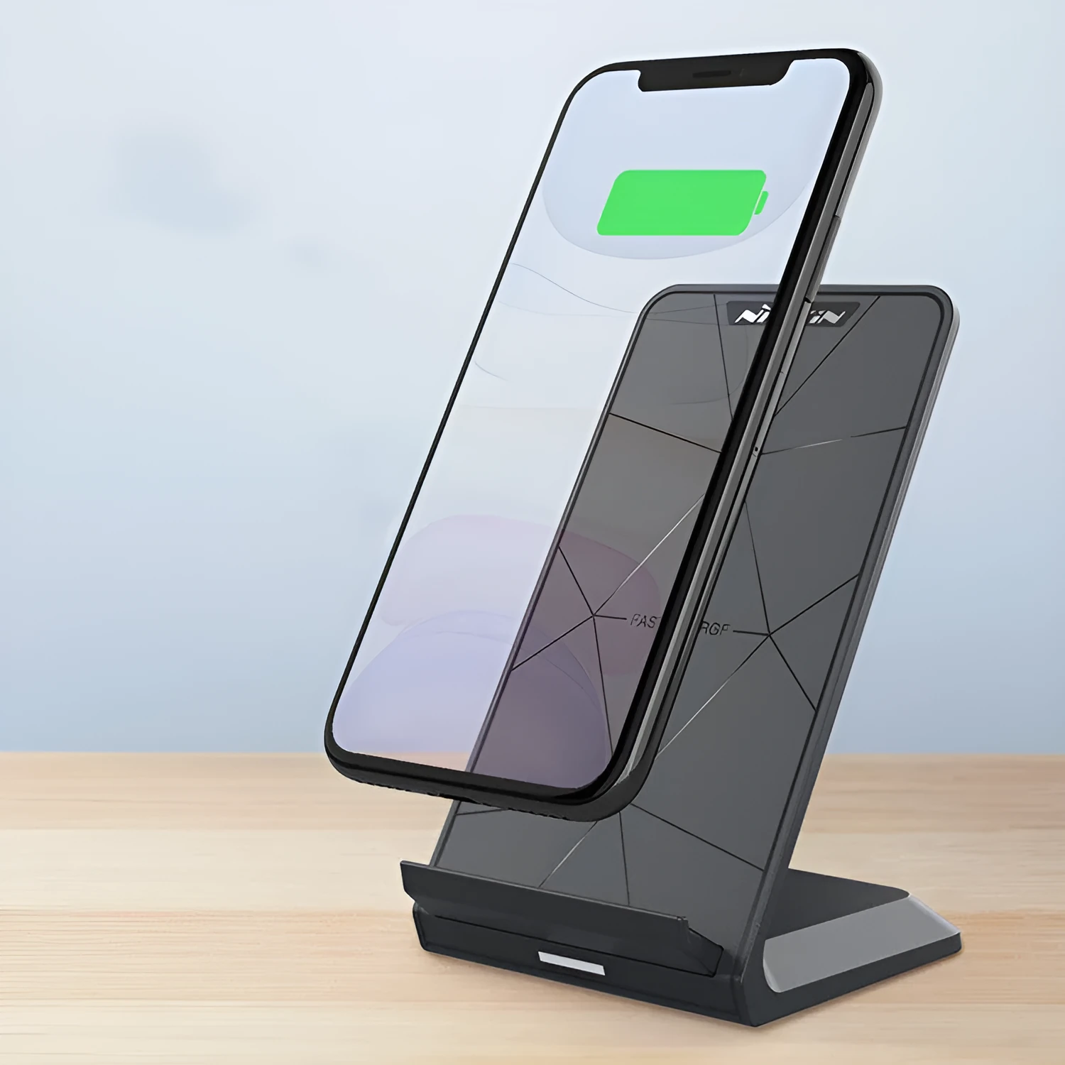 Black Vertical Pro Fast Wireless Charger upright with indicator light, 2000mA, 5V input, 122x73x83mm