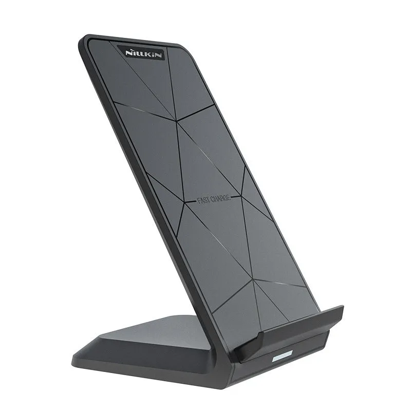 Black Vertical Pro Fast Wireless Charger upright with indicator light, 2000mA, 5V input, 122x73x83mm