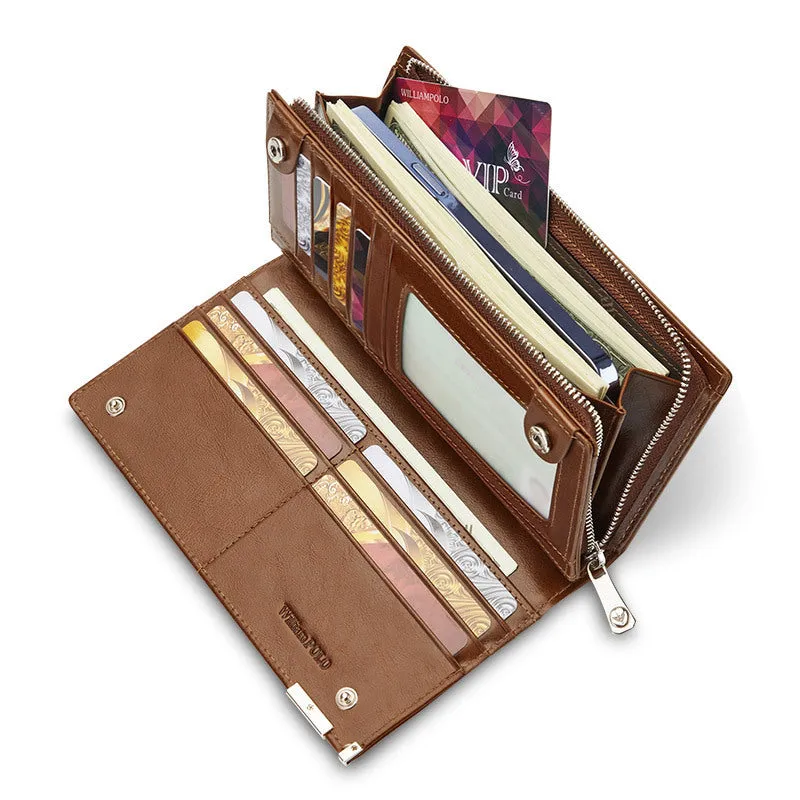 Brown solid colour cowhide leather wallet with contrast stitching laid open showing card slots and cash compartment