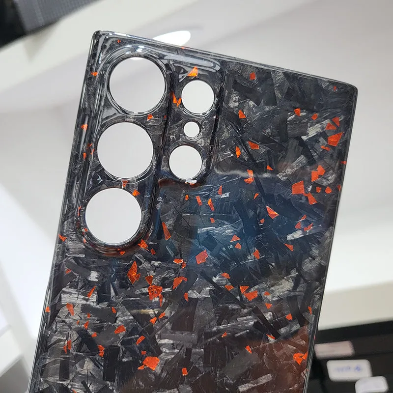 Forged carbon fibre phone case with gold foil finish for Samsung S25 Ultra, displayed on a white background