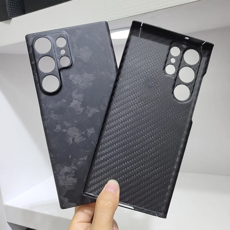 Forged carbon fibre phone case with gold foil finish for Samsung S25 Ultra, displayed on a white background
