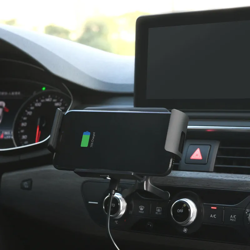 Black universal car clip on holder for folding and flat screen phones tablets on car vent