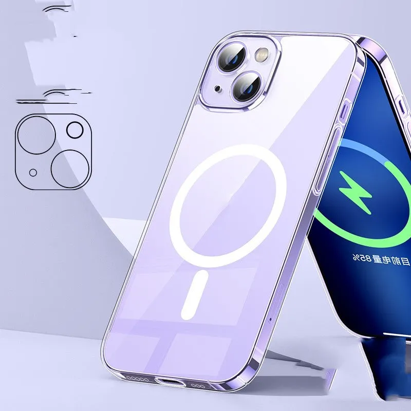 Transparent all-inclusive phone case for iPhone 14 series with strong magnetic attraction and anti-yellow material