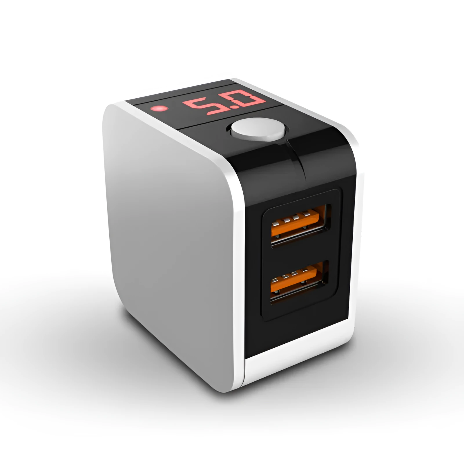 Black 5V2.4A dual USB travel charger with digital display showing UK plug