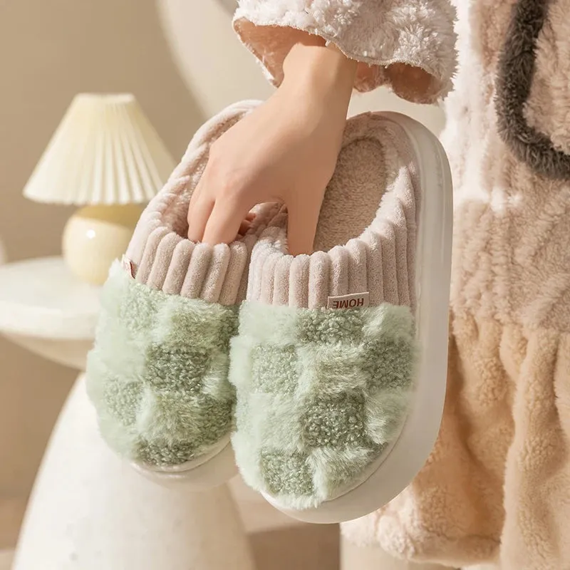 Women's plush indoor slippers in coffee colour with round toe and non-slip PVC sole.