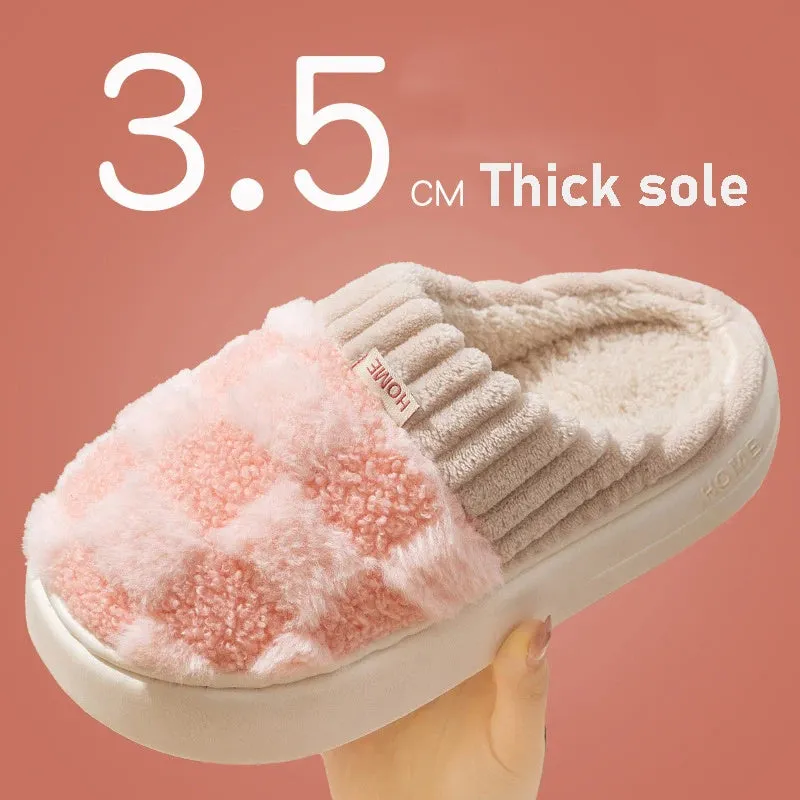 Women's plush indoor slippers in coffee colour with round toe and non-slip PVC sole.