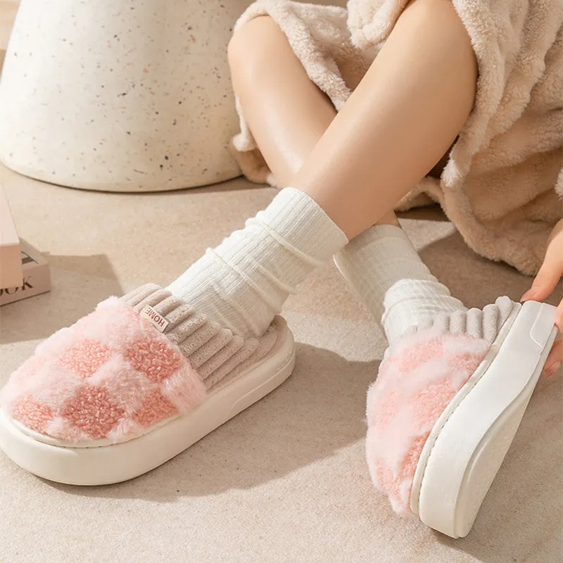 Women's plush indoor slippers in coffee colour with round toe and non-slip PVC sole.