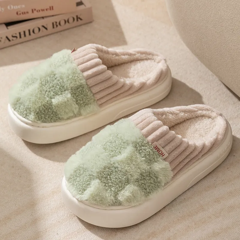 Women's plush indoor slippers in coffee colour with round toe and non-slip PVC sole.