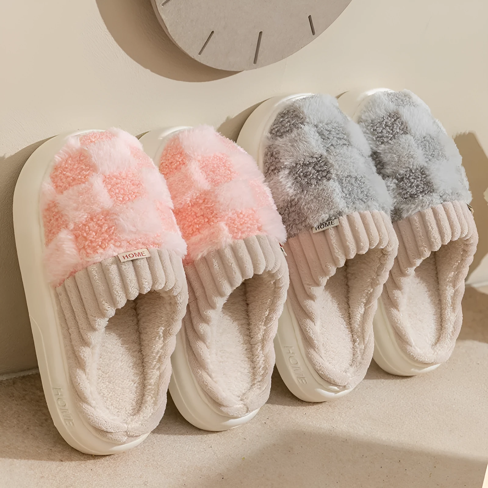 Women's plush indoor slippers in coffee colour with round toe and non-slip PVC sole.
