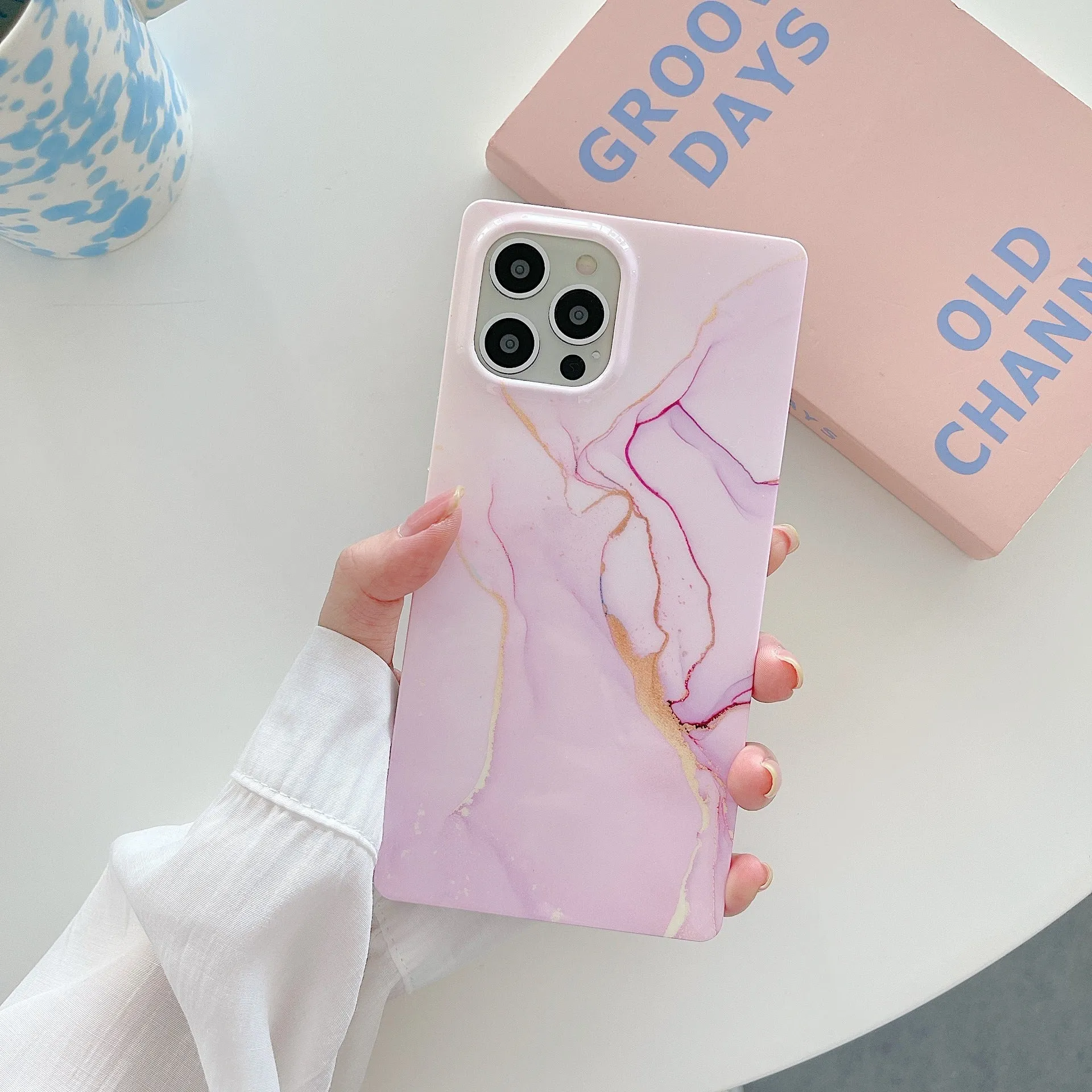 Square gilt marble silicone straight edge phone case with marble print in grey gold colour
