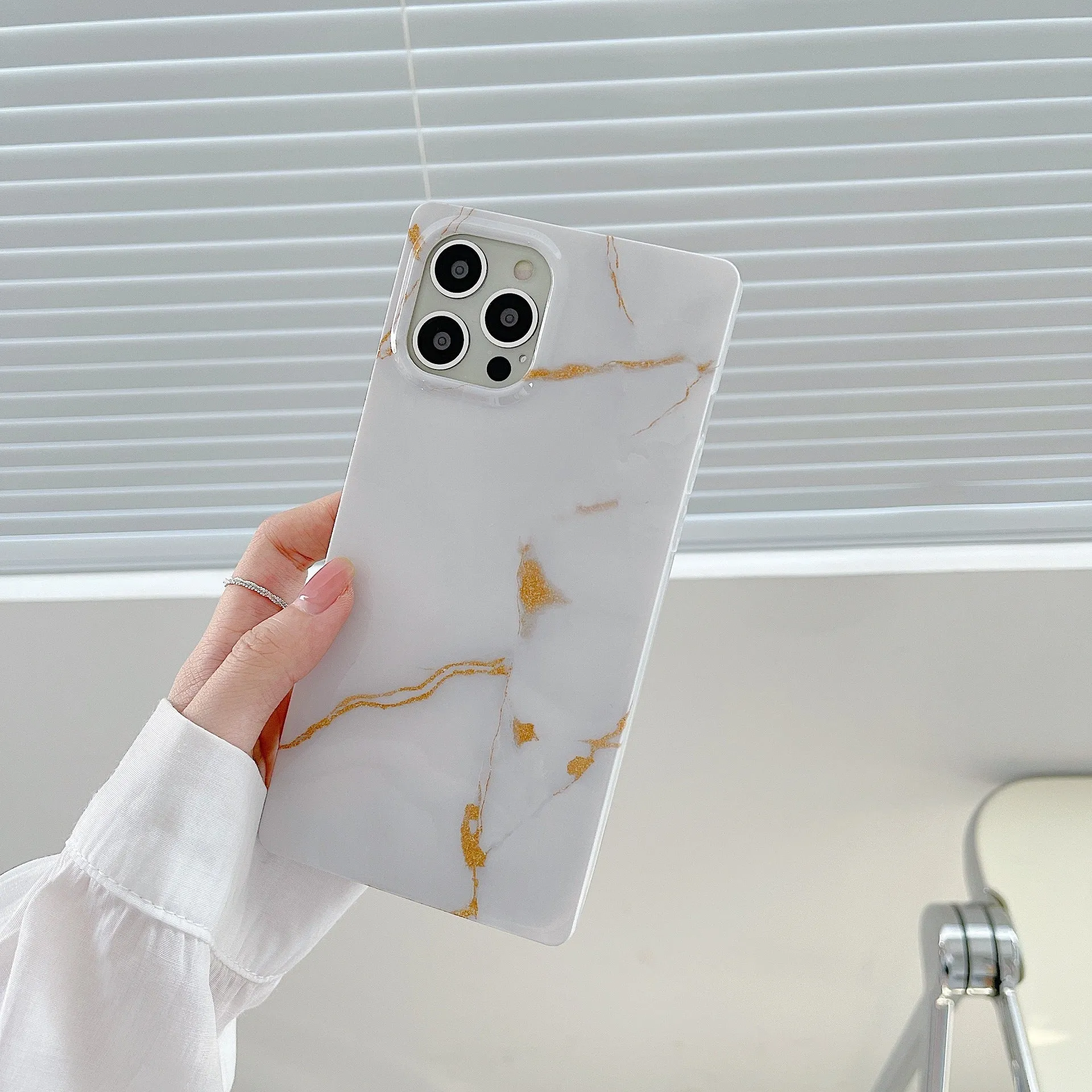 Square gilt marble silicone straight edge phone case with marble print in grey gold colour