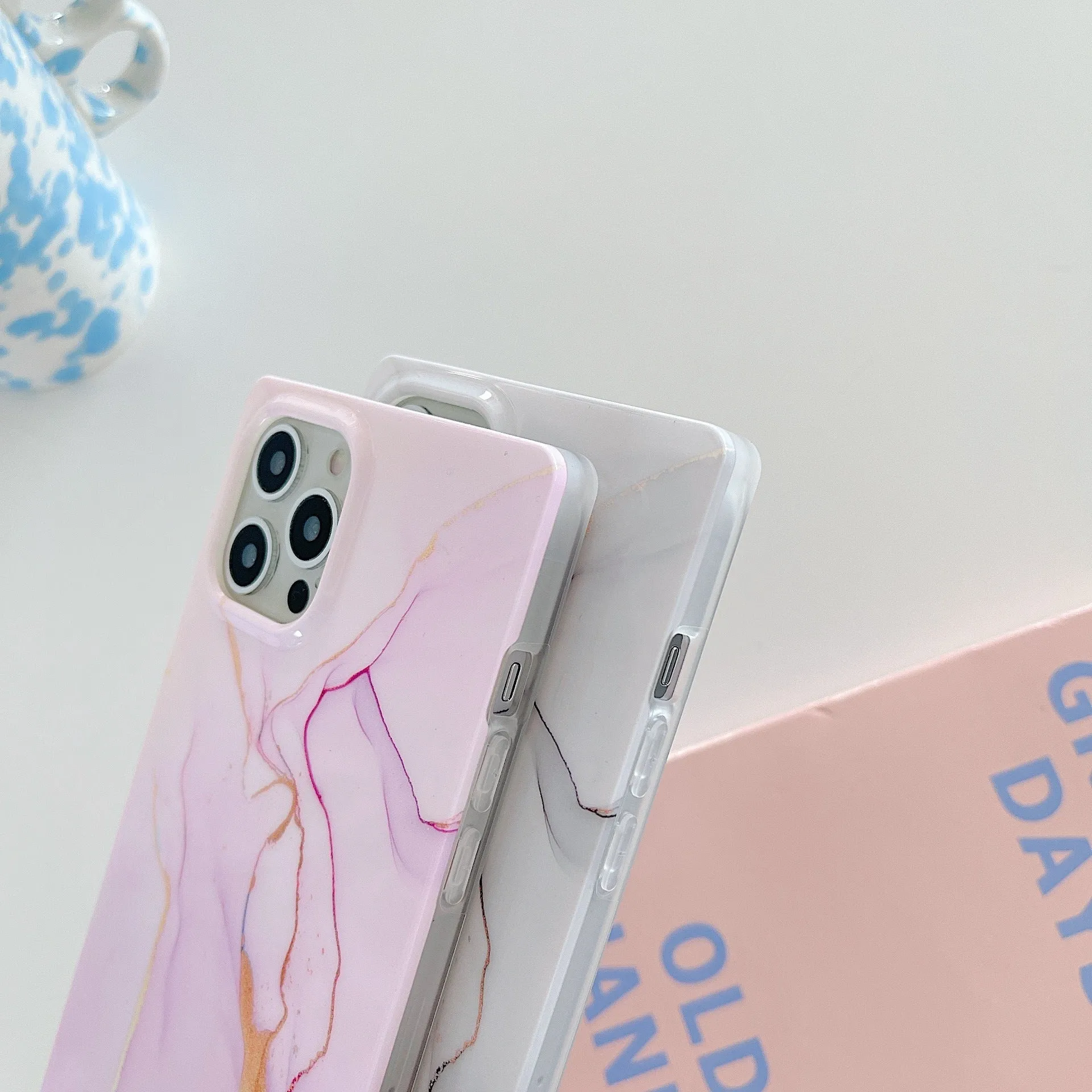 Square gilt marble silicone straight edge phone case with marble print in grey gold colour