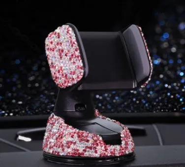 Multifunctional dual-use car mobile phone rack with rhinestone finish and 360 degree rotation