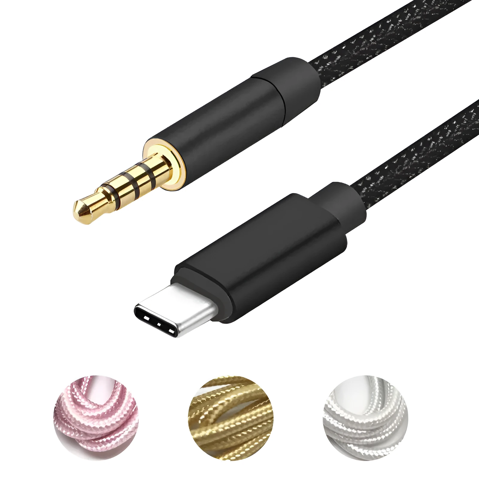 Type-C to 3.5mm braided AUX audio cable in pure colour options for car audio system connection