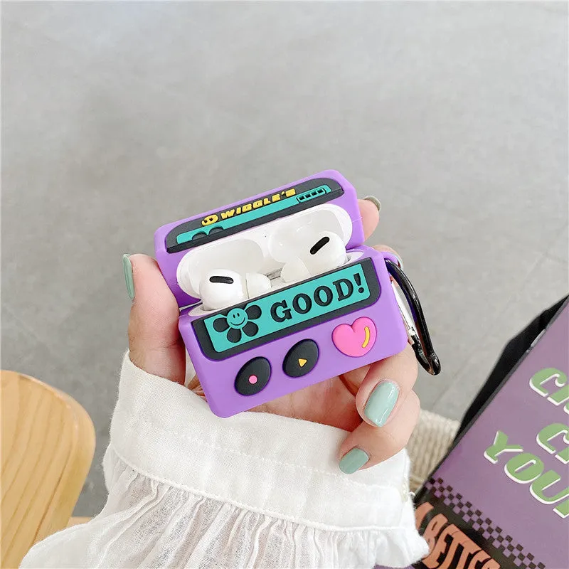 Purple retro silicone back cover case for AirPods 1 2 and Pro 3 with hook attached