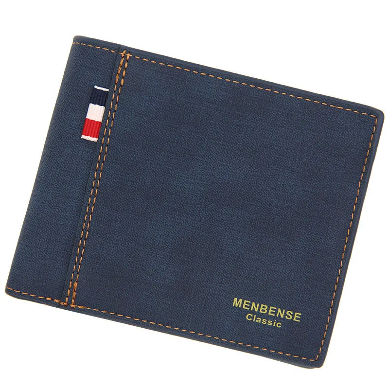 Men's genuine leather tri-fold wallet shown in black, navy blue, dark brown, and light brown colours