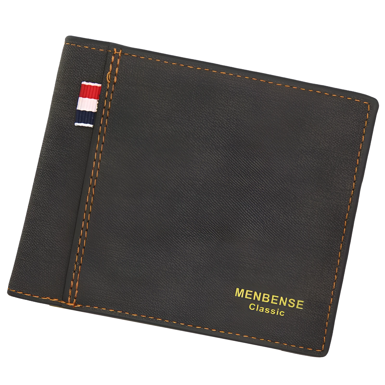 Men's genuine leather tri-fold wallet shown in black, navy blue, dark brown, and light brown colours