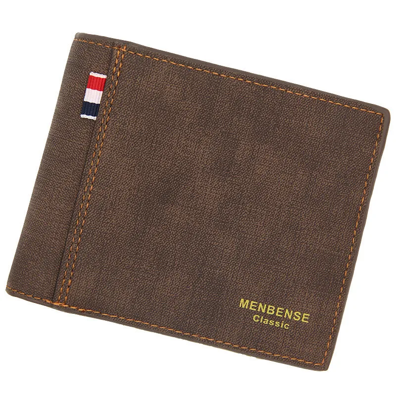 Men's genuine leather tri-fold wallet shown in black, navy blue, dark brown, and light brown colours