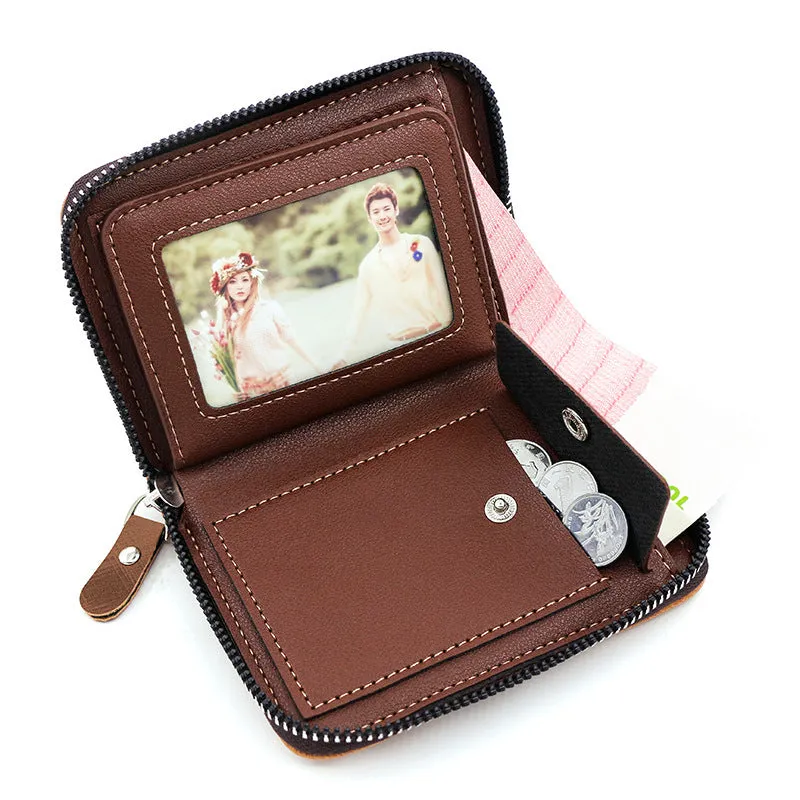 Business retro men's short wallet clutch in black polyurethane leather with letter print and multiple card pockets