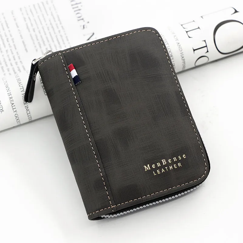 Business retro men's short wallet clutch in black polyurethane leather with letter print and multiple card pockets