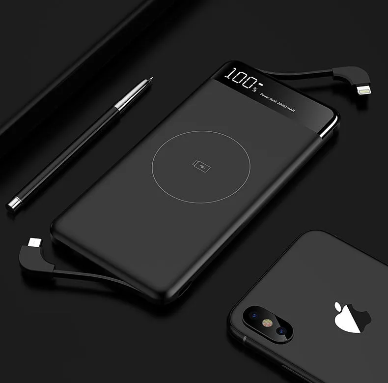 10000mAh wireless power bank with digital display and built-in cable in black