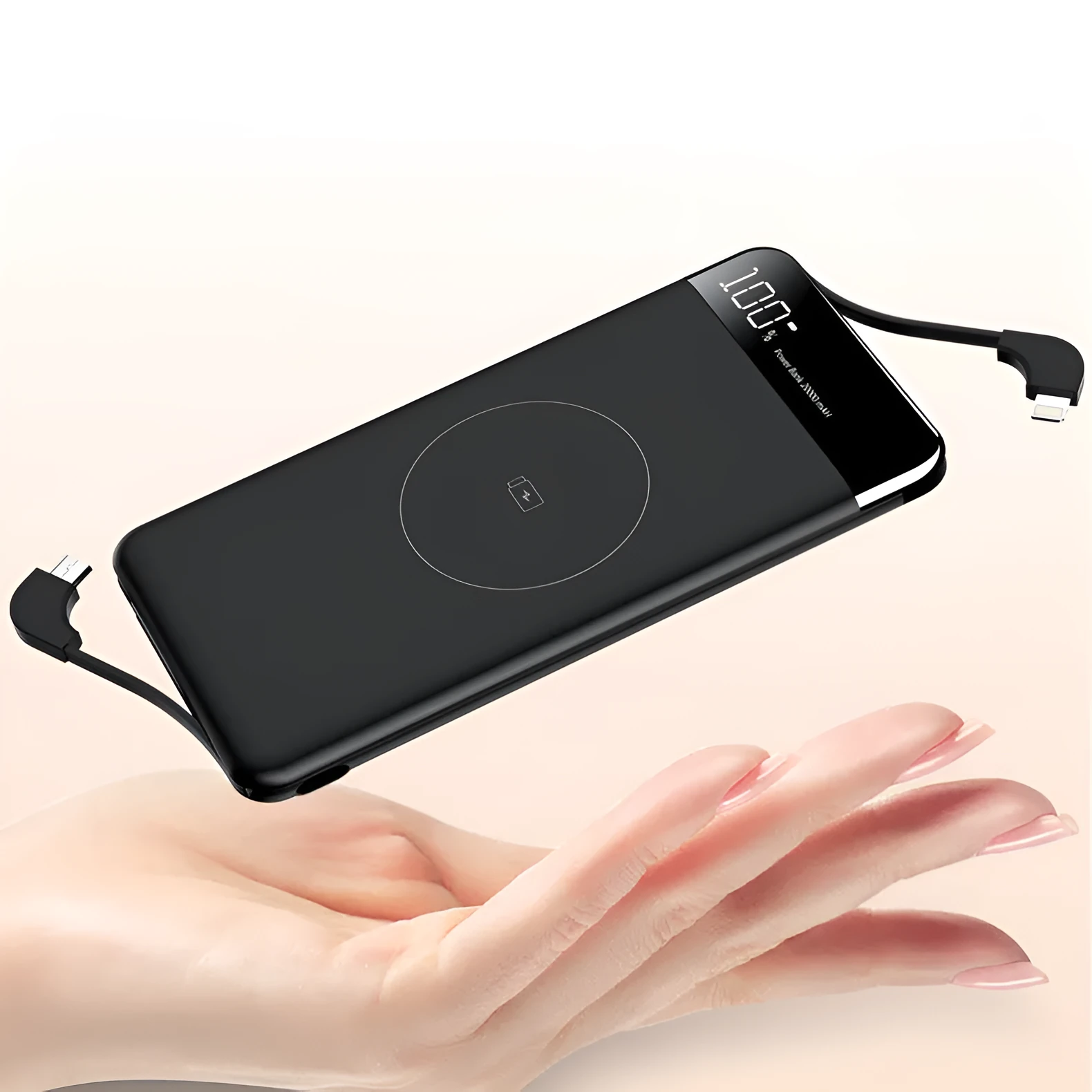 10000mAh wireless power bank with digital display and built-in cable in black