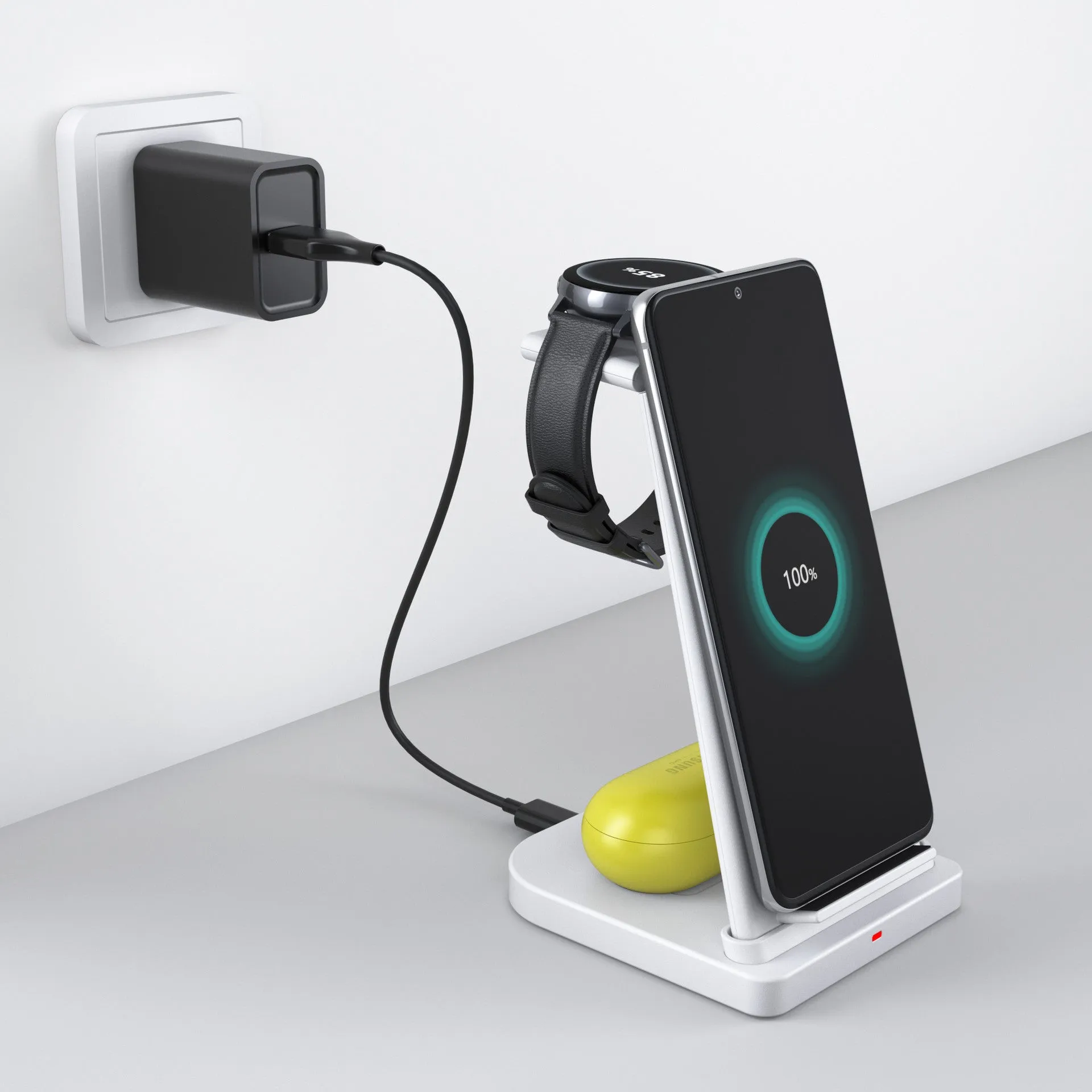 Three-in-one wireless charger for Samsung phone and watch in black with removable charging board and foldable watch stand on a table