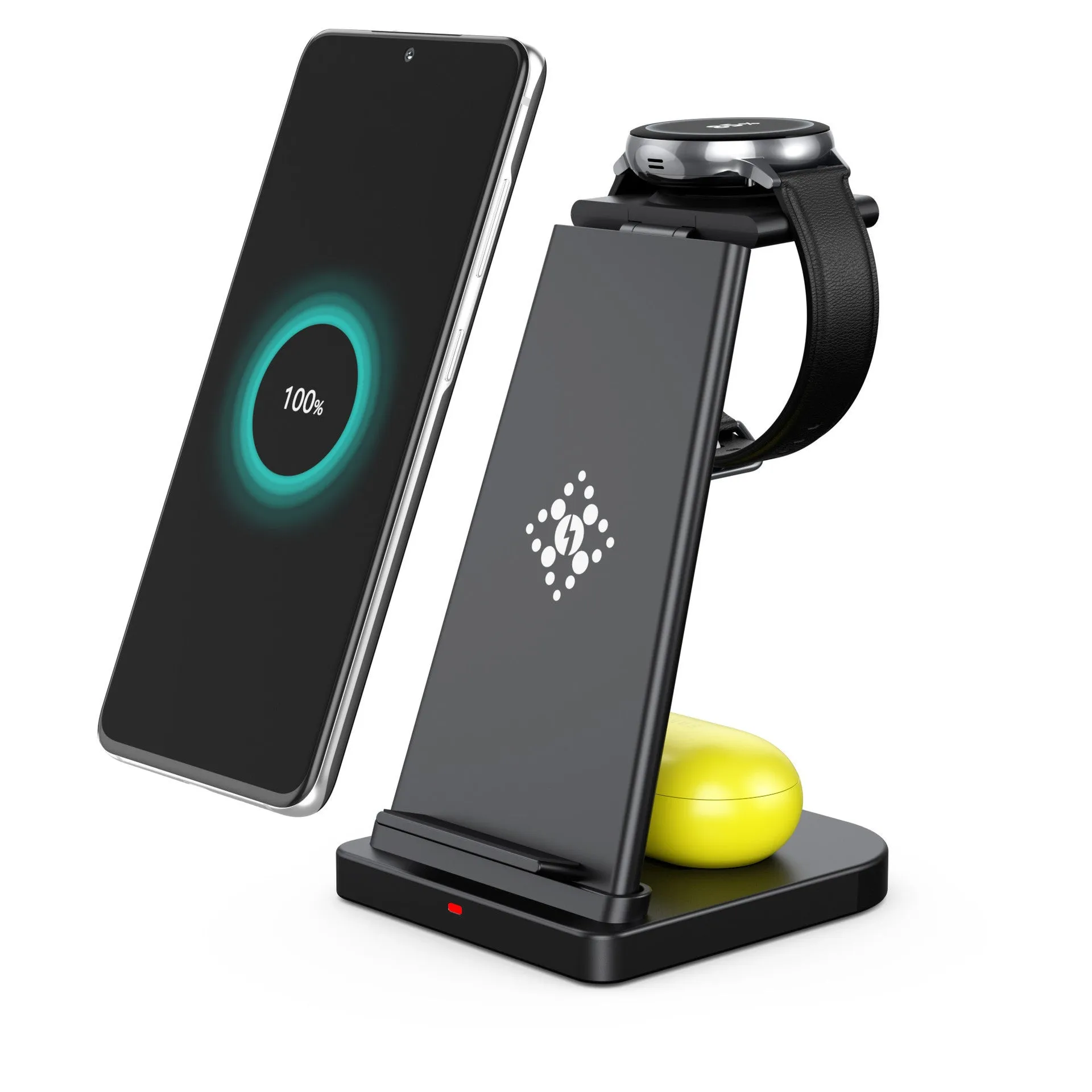 Three-in-one wireless charger for Samsung phone and watch in black with removable charging board and foldable watch stand on a table