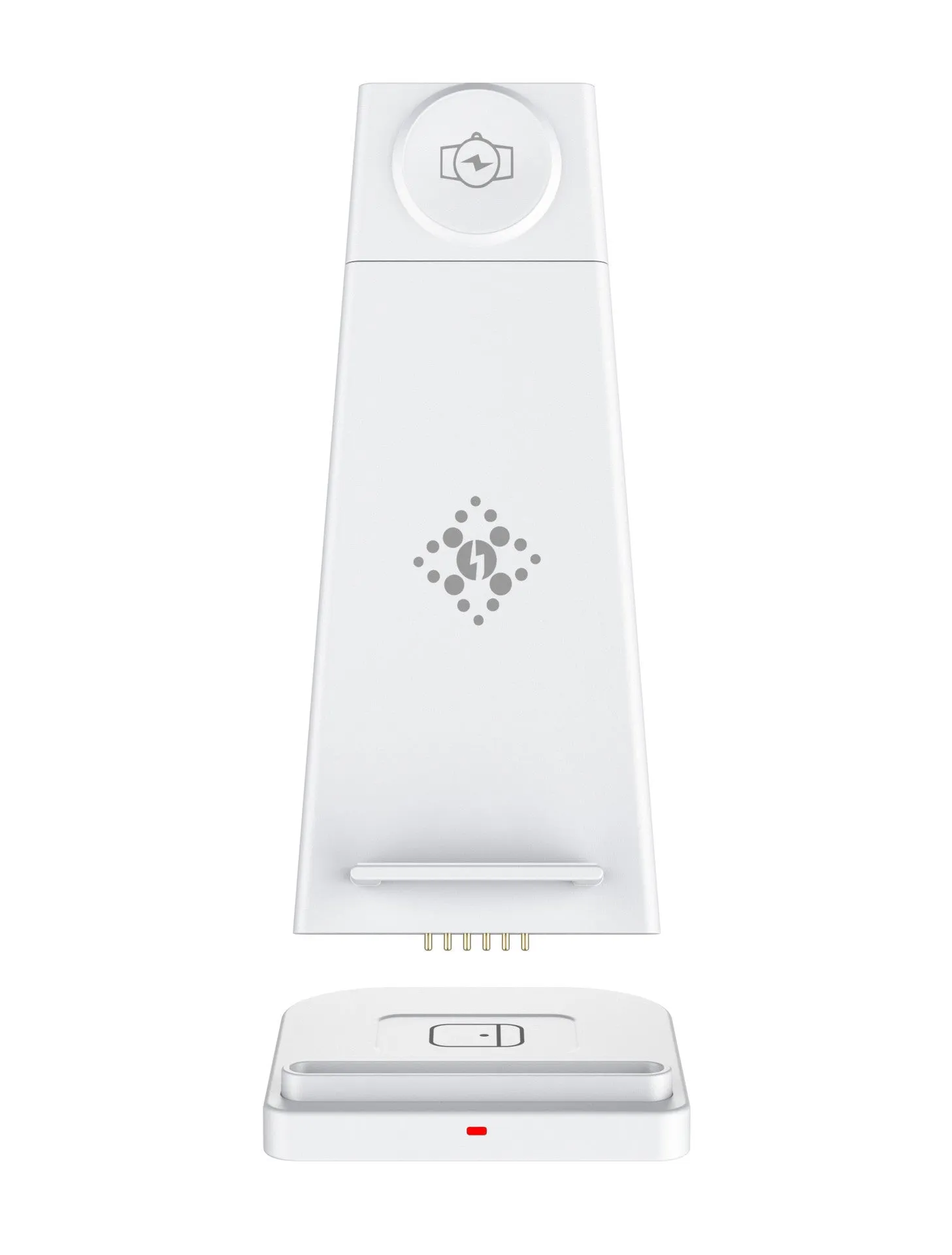 Three-in-one wireless charger for Samsung phone and watch in black with removable charging board and foldable watch stand on a table