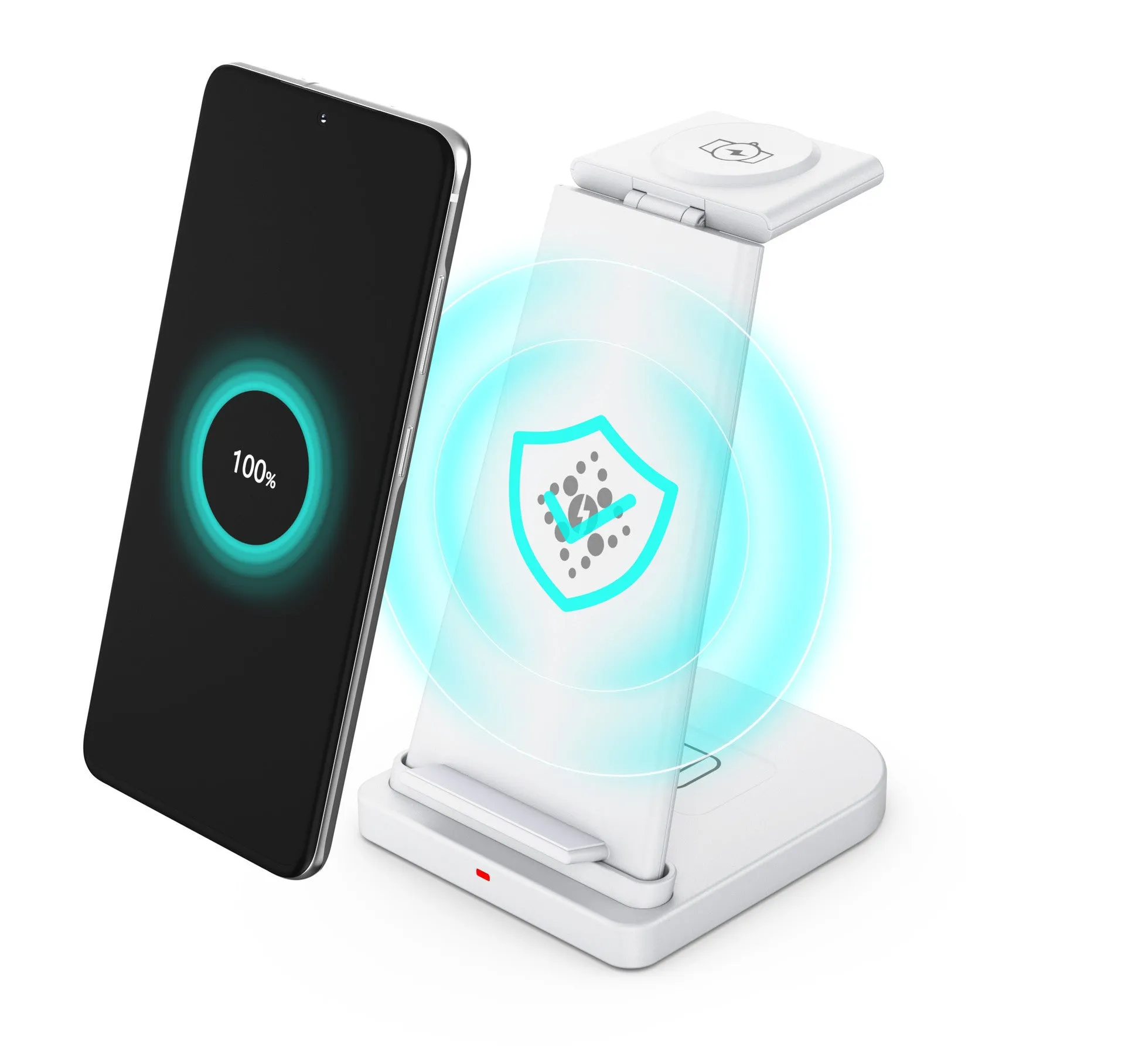 Three-in-one wireless charger for Samsung phone and watch in black with removable charging board and foldable watch stand on a table