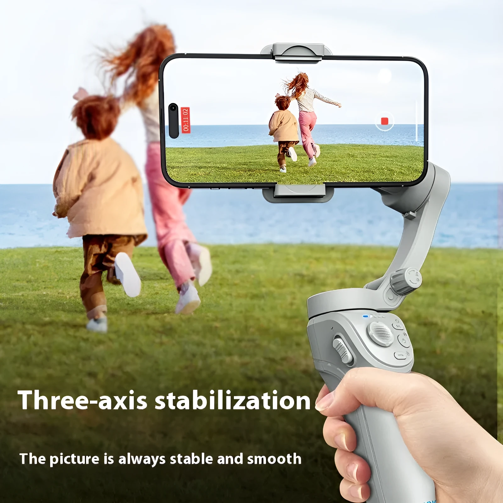 Portable folding intelligent gimbal in grey nylon for smartphone video stabilisation