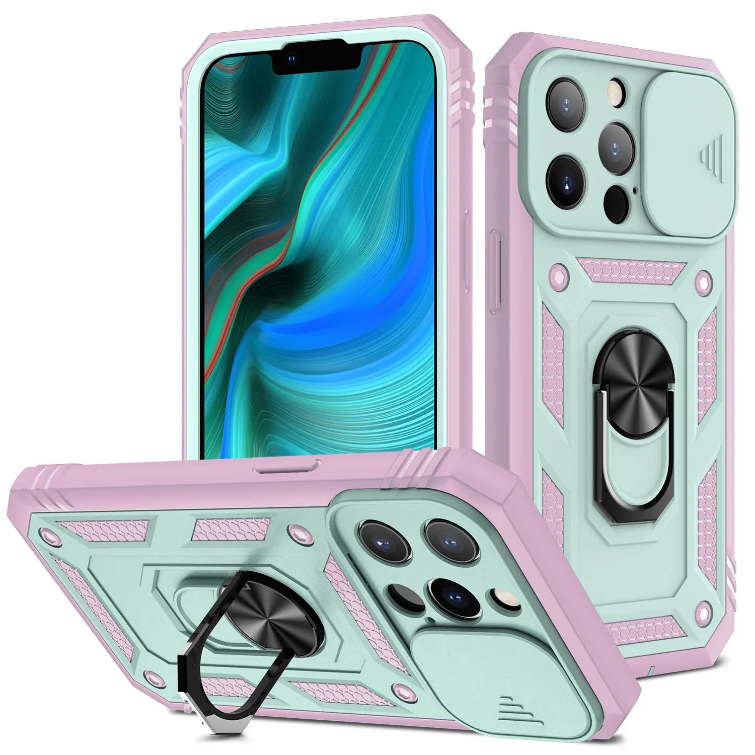 Magnetic iPhone case with sliding window bracket in sapphire blue and grey green colour options