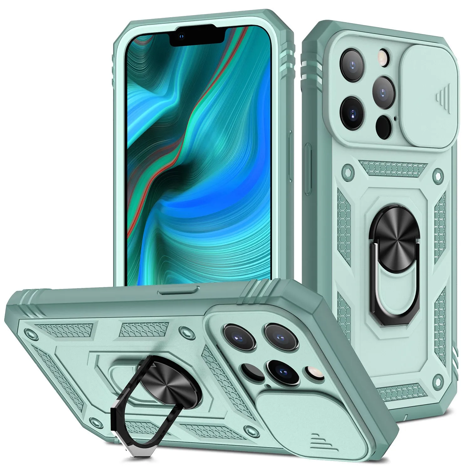Magnetic iPhone case with sliding window bracket in sapphire blue and grey green colour options