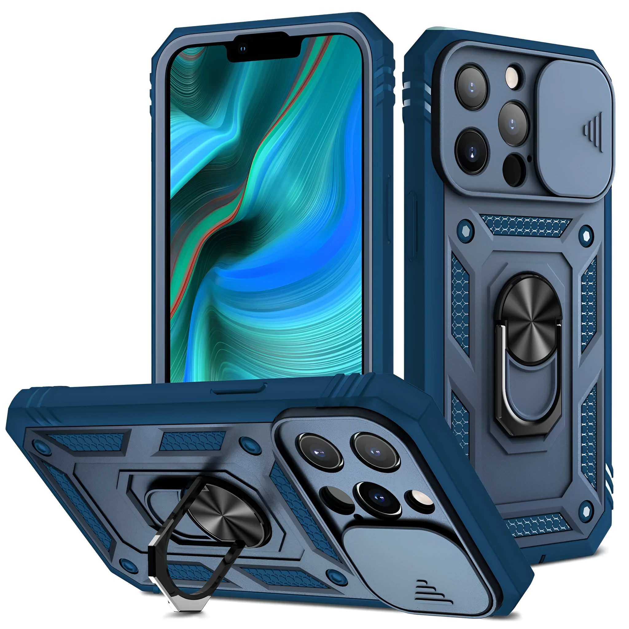Magnetic iPhone case with sliding window bracket in sapphire blue and grey green colour options