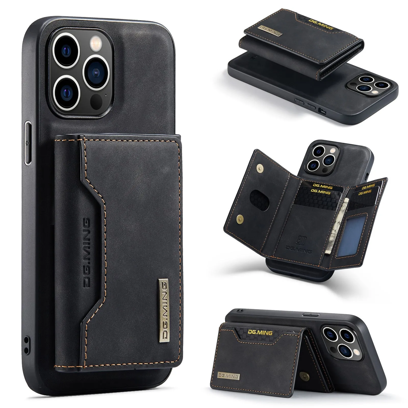 Magnetic card holder split phone case for iPhone in retro PU leather, black colour, with card slot and magnetic attachment